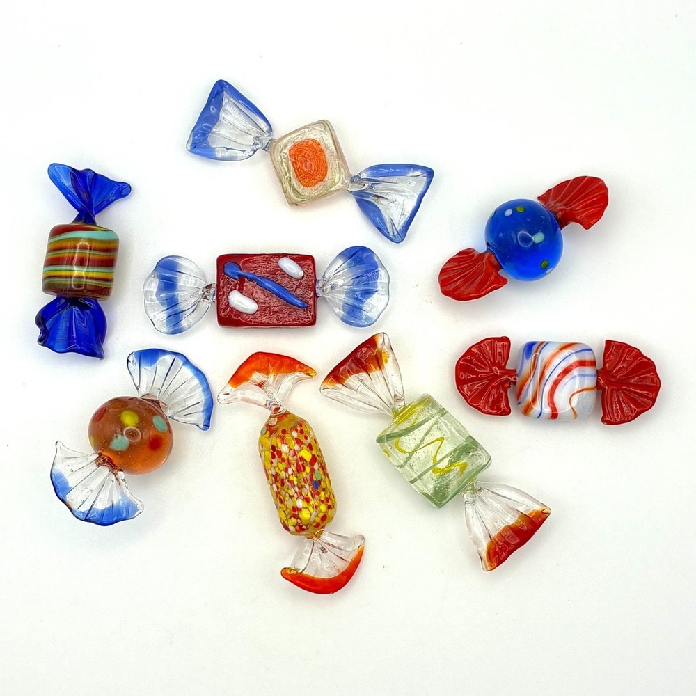 Vintage Murano Style Art Glass Wrapped Candy Lot of 8 Colorful Twist Hand Blown - Picture 2 of 8